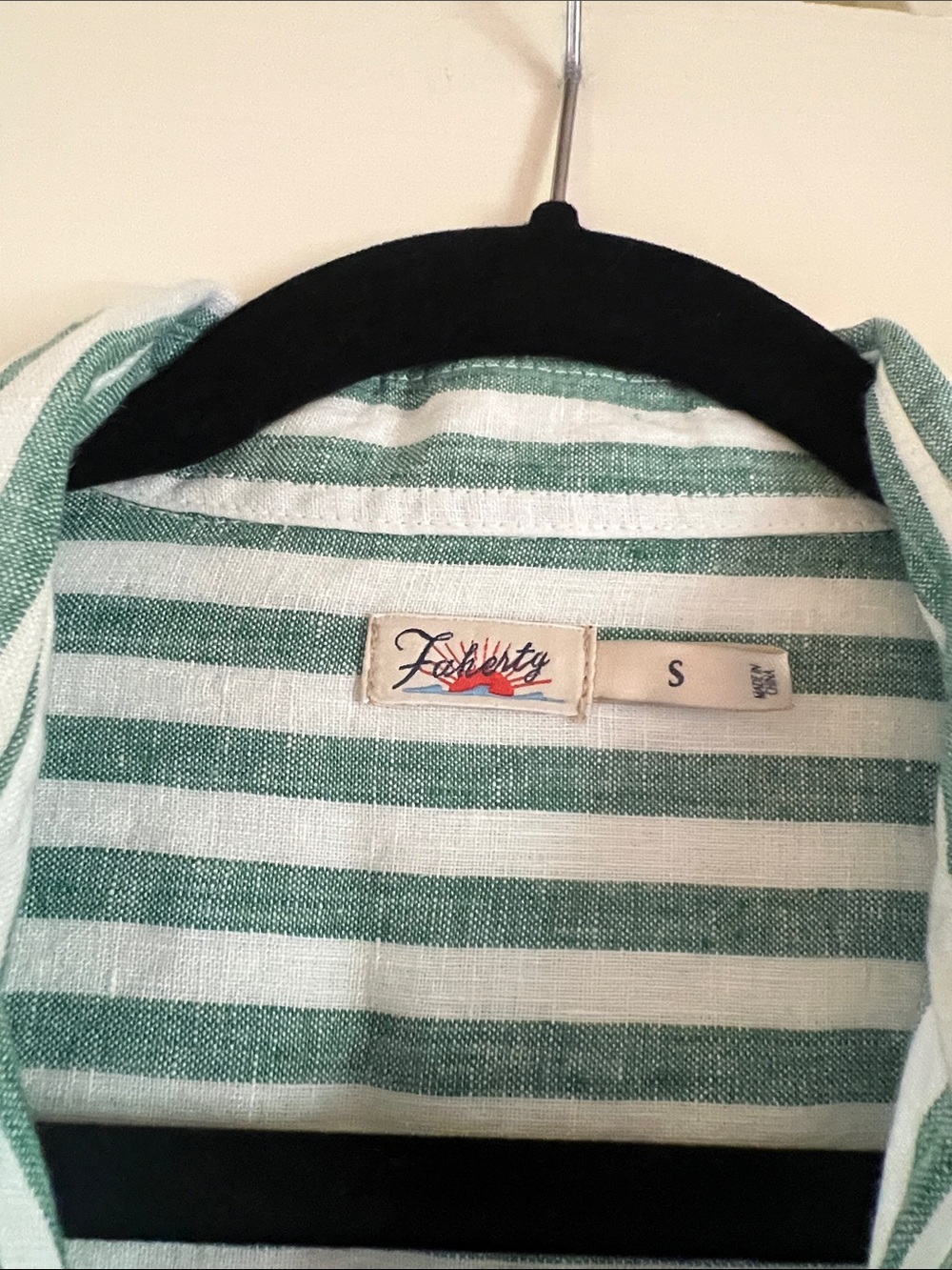 Faherty Green and White Striped Button-Down 100% linen Shirt - Picture 2 of 7